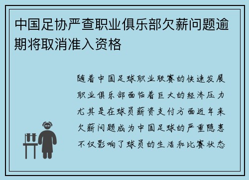 中国足协严查职业俱乐部欠薪问题逾期将取消准入资格